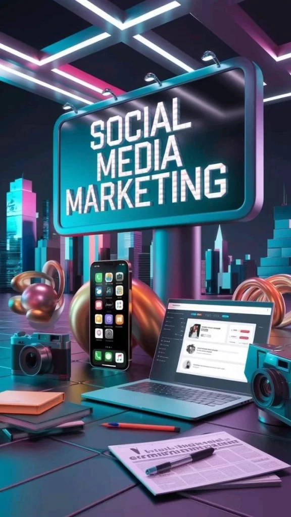 futuristic social media marketing workspace 💻📱🚀